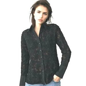 Zara Black Embroidered Lace Button Front Linen Blend Blouse Collared Top Small